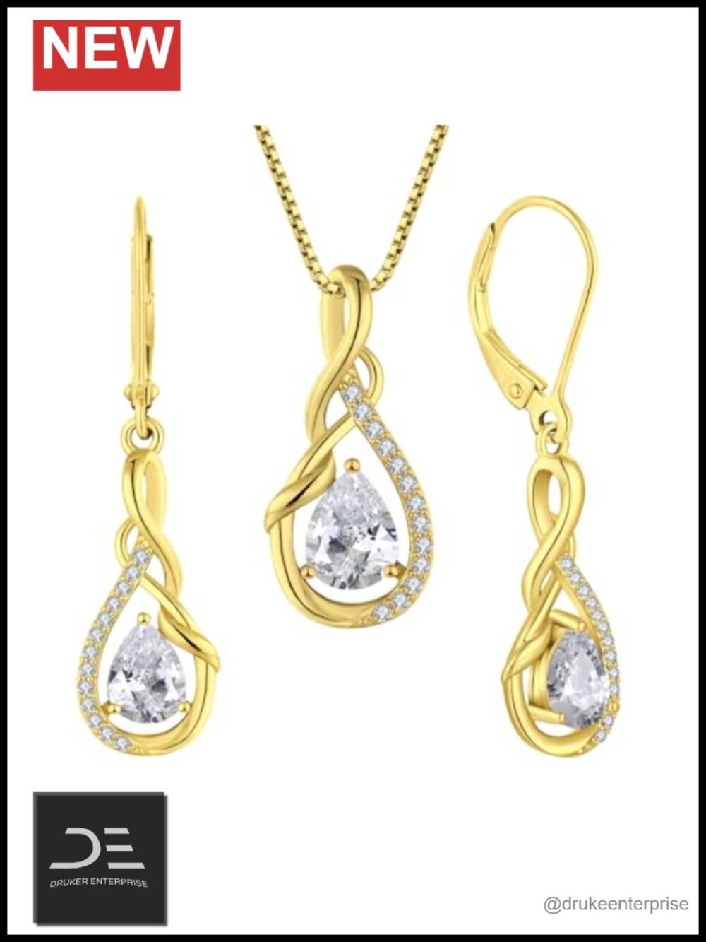 Necklace & Earring Set 925 Sterling Silver 14K Gold Plated Cubic Zirconia